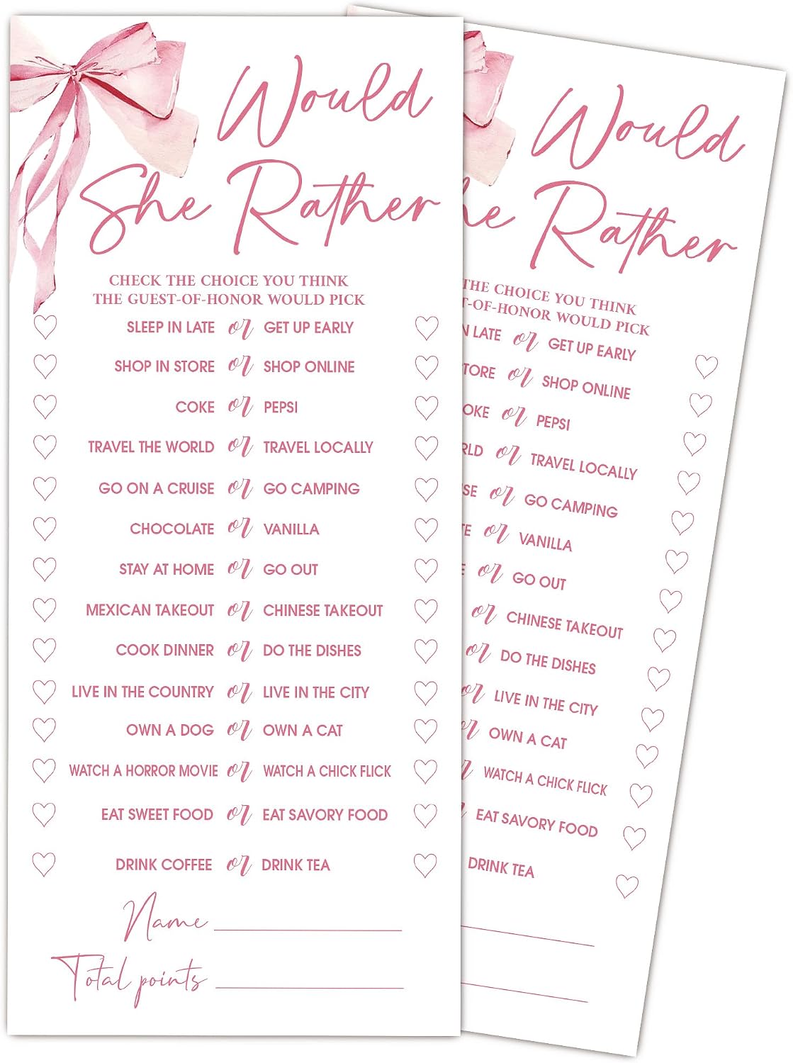 Pink Bow Wedding Shower Games, Would She Rather Wedding Games for 25 Guests, Engagement Bridal Shower Party Cards, Engagement & Bridal Party Supplies-4x9 Inch-A02