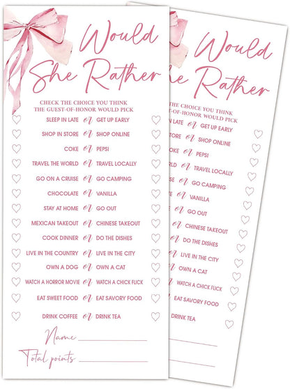 Pink Bow Wedding Shower Games, Would She Rather Wedding Games for 25 Guests, Engagement Bridal Shower Party Cards, Engagement & Bridal Party Supplies-4x9 Inch-A02