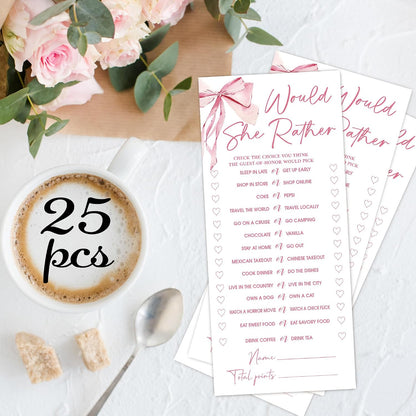 Pink Bow Wedding Shower Games, Would She Rather Wedding Games for 25 Guests, Engagement Bridal Shower Party Cards, Engagement & Bridal Party Supplies-4x9 Inch-A02