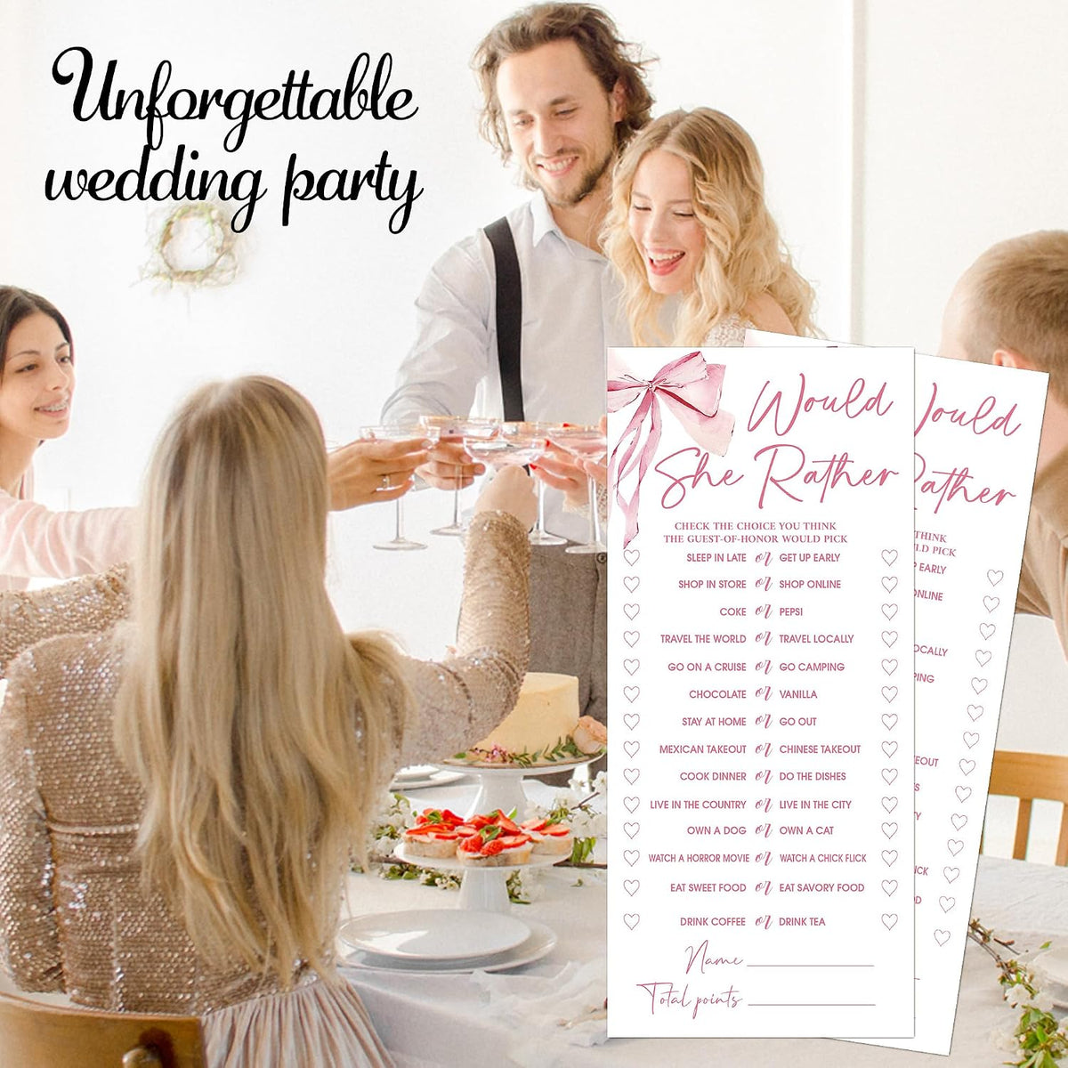 Pink Bow Wedding Shower Games, Would She Rather Wedding Games for 25 Guests, Engagement Bridal Shower Party Cards, Engagement & Bridal Party Supplies-4x9 Inch-A02