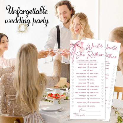 Pink Bow Wedding Shower Games, Would She Rather Wedding Games for 25 Guests, Engagement Bridal Shower Party Cards, Engagement & Bridal Party Supplies-4x9 Inch-A02