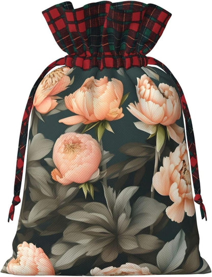 Peach Peony Charming Drawstring Christmas Gift Bags,Reusable Present Pouches For All Occasions