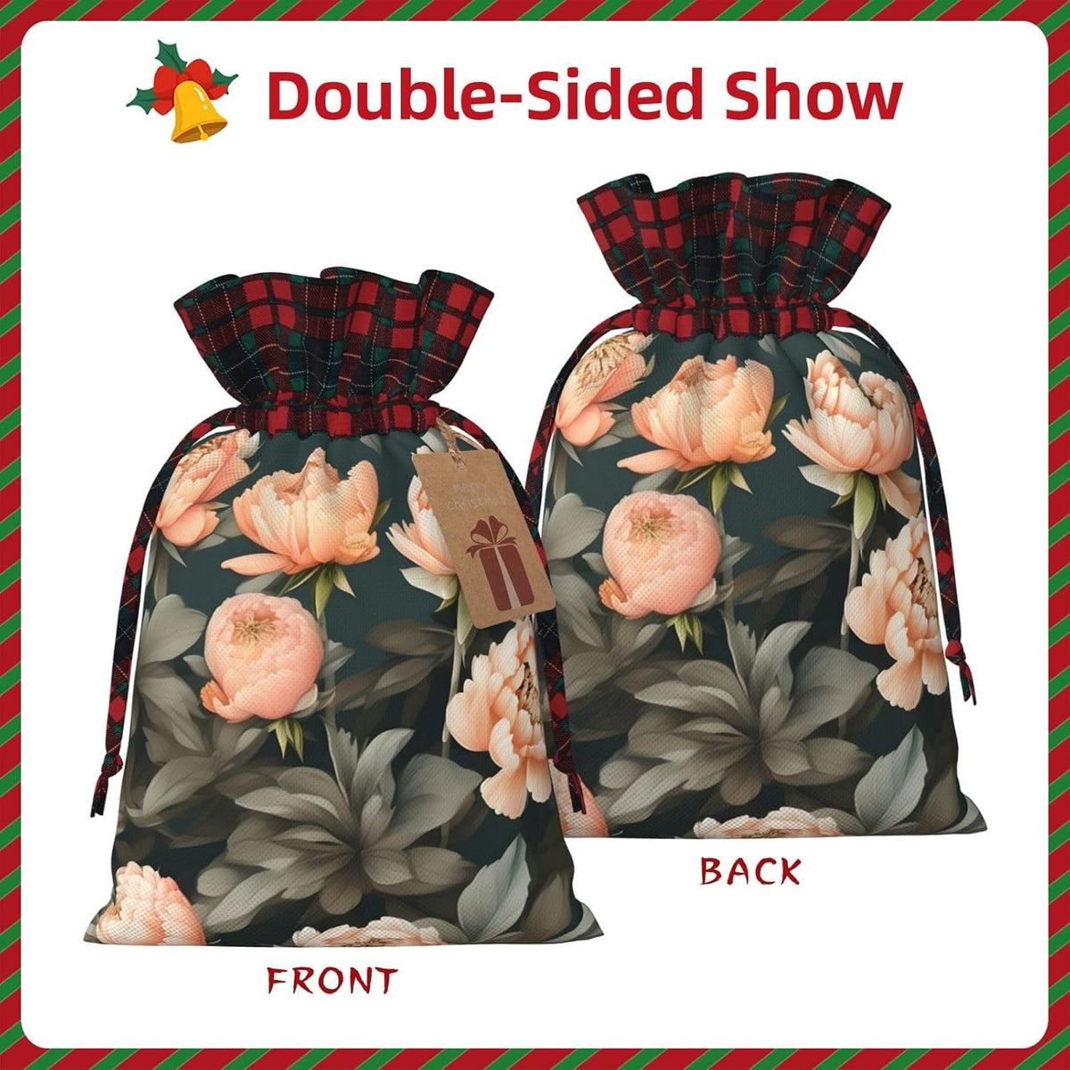 Peach Peony Charming Drawstring Christmas Gift Bags,Reusable Present Pouches For All Occasions