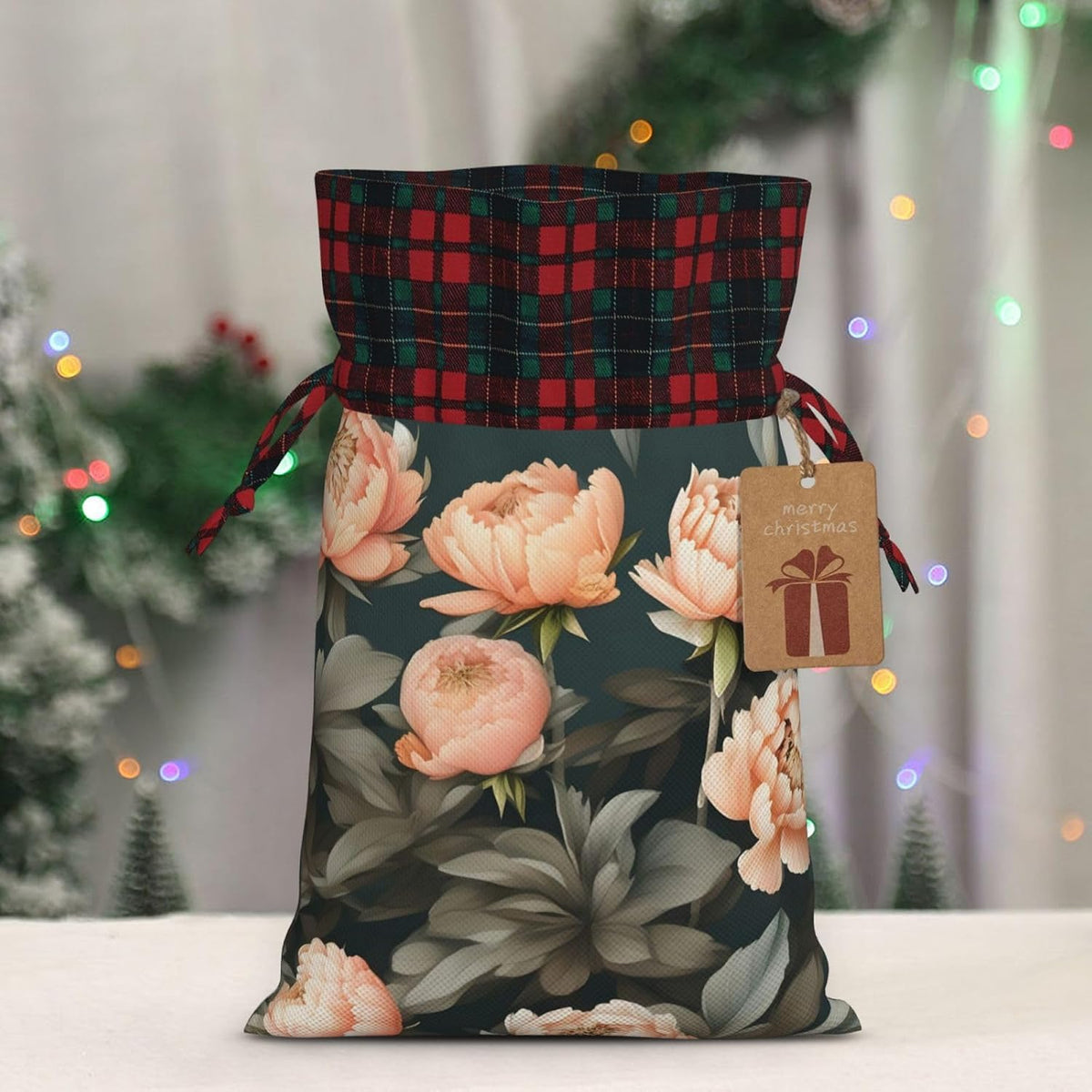 Peach Peony Charming Drawstring Christmas Gift Bags,Reusable Present Pouches For All Occasions