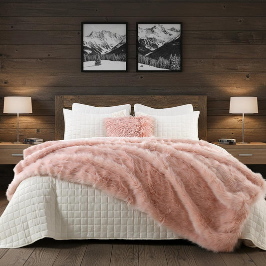 Pink Faux Fur Throw Blanket, Long Pile Light Pink Fur Blanket, Super Warm, Soft, Cozy, Fuzzy, Fluffy Throws for Couch Bed Sofa, Aesthetic Home Room Decor Throw, 50" x 60"