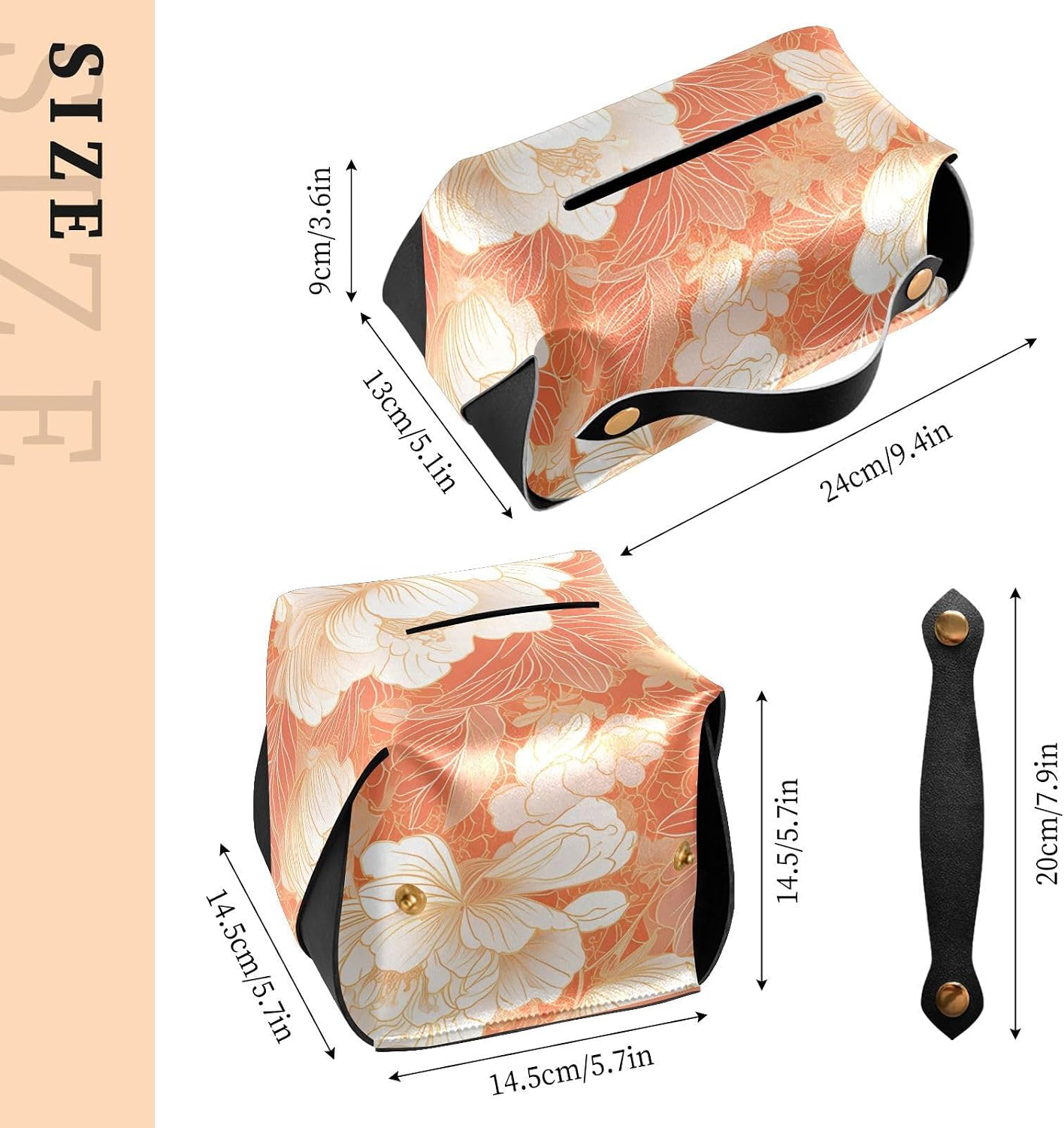 Leather tissue box holder Hanging napkin holder for car with Adjustable straps & zipper Reusable auto accessories Chinese Style Floral Peach Gold