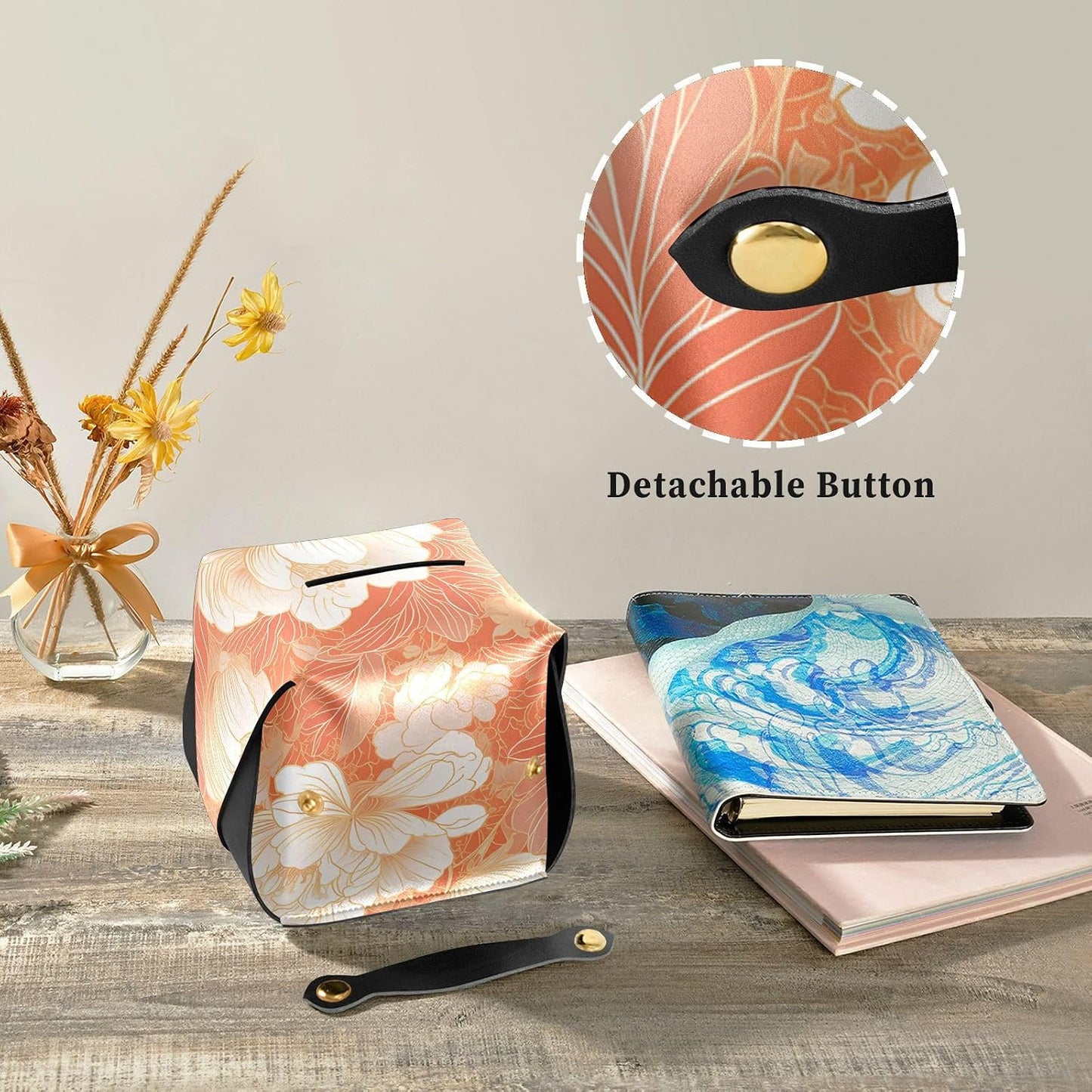 Leather tissue box holder Hanging napkin holder for car with Adjustable straps & zipper Reusable auto accessories Chinese Style Floral Peach Gold