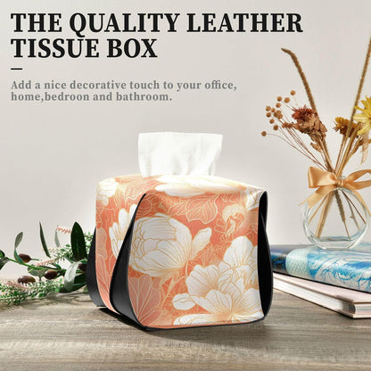 Leather tissue box holder Hanging napkin holder for car with Adjustable straps & zipper Reusable auto accessories Chinese Style Floral Peach Gold