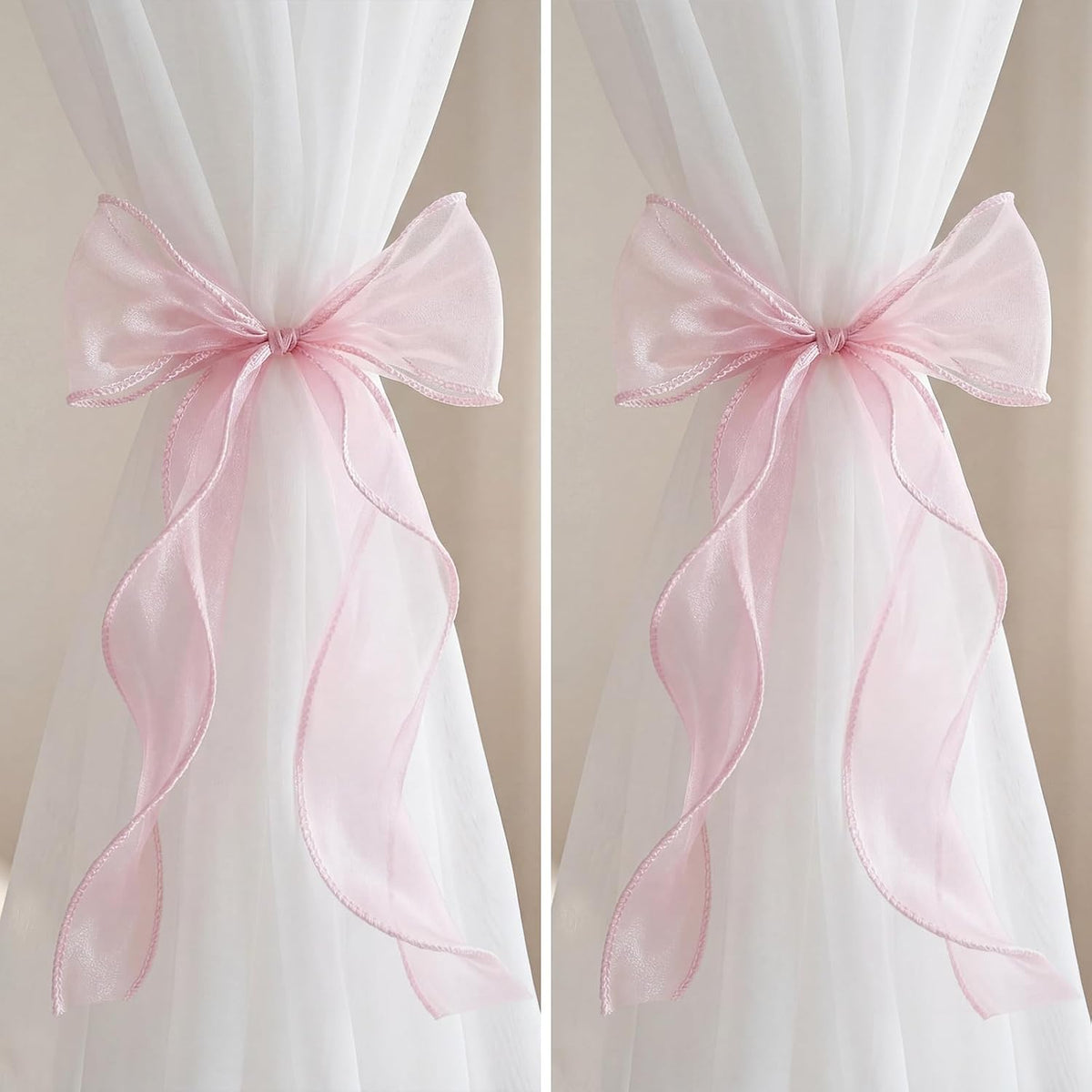 16 Pack Pink Silky Bow Curtain Tiebacks, 13 Inch Large French Soft Lace Ribbon Tiebacks, Elegant Bow Holdbacks Rope for Home Drapery Gift Wrapping Wedding Birthday Party Fireplace Decor(Pink)
