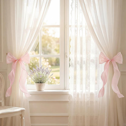 16 Pack Pink Silky Bow Curtain Tiebacks, 13 Inch Large French Soft Lace Ribbon Tiebacks, Elegant Bow Holdbacks Rope for Home Drapery Gift Wrapping Wedding Birthday Party Fireplace Decor(Pink)