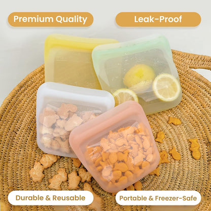 Set of 5 Reusable Silicone Storage Snack Bags 6oz / 16oz / 32oz / 64oz Self-Seal Food Storage Container for Fruits, Vegetables, Sandwiches, Dishwasher Safe & Leak-free (CloudPink, 32oz)