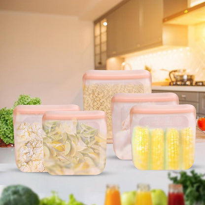 Set of 5 Reusable Silicone Storage Snack Bags 6oz / 16oz / 32oz / 64oz Self-Seal Food Storage Container for Fruits, Vegetables, Sandwiches, Dishwasher Safe & Leak-free (CloudPink, 32oz)