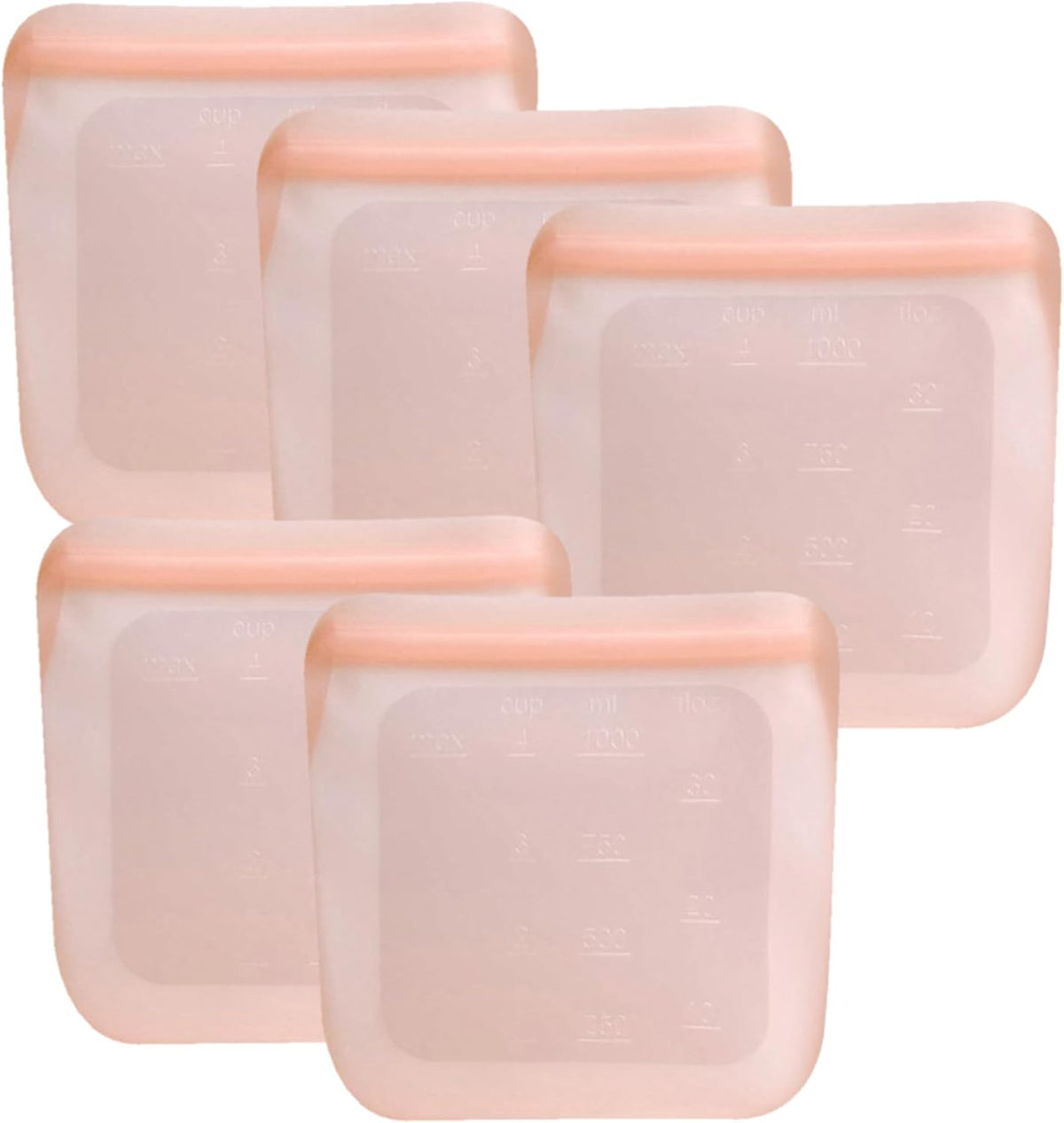 Set of 5 Reusable Silicone Storage Snack Bags 6oz / 16oz / 32oz / 64oz Self-Seal Food Storage Container for Fruits, Vegetables, Sandwiches, Dishwasher Safe & Leak-free (CloudPink, 32oz)
