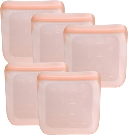 Set of 5 Reusable Silicone Storage Snack Bags 6oz / 16oz / 32oz / 64oz Self-Seal Food Storage Container for Fruits, Vegetables, Sandwiches, Dishwasher Safe & Leak-free (CloudPink, 32oz)