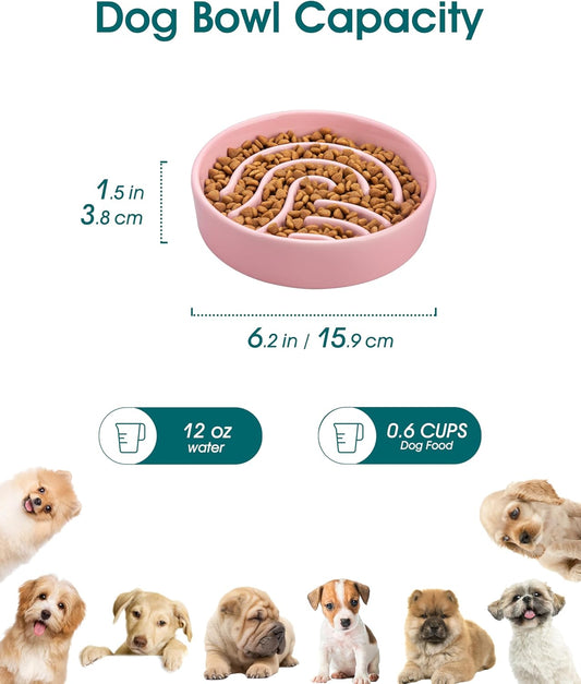 Slow Feeder Dog Bowl, 0.6 Cup Ceramic Slow Feeding Food Dish for Small Breed, Puzzle Dog Food Bowl for Fast Eater, Pink