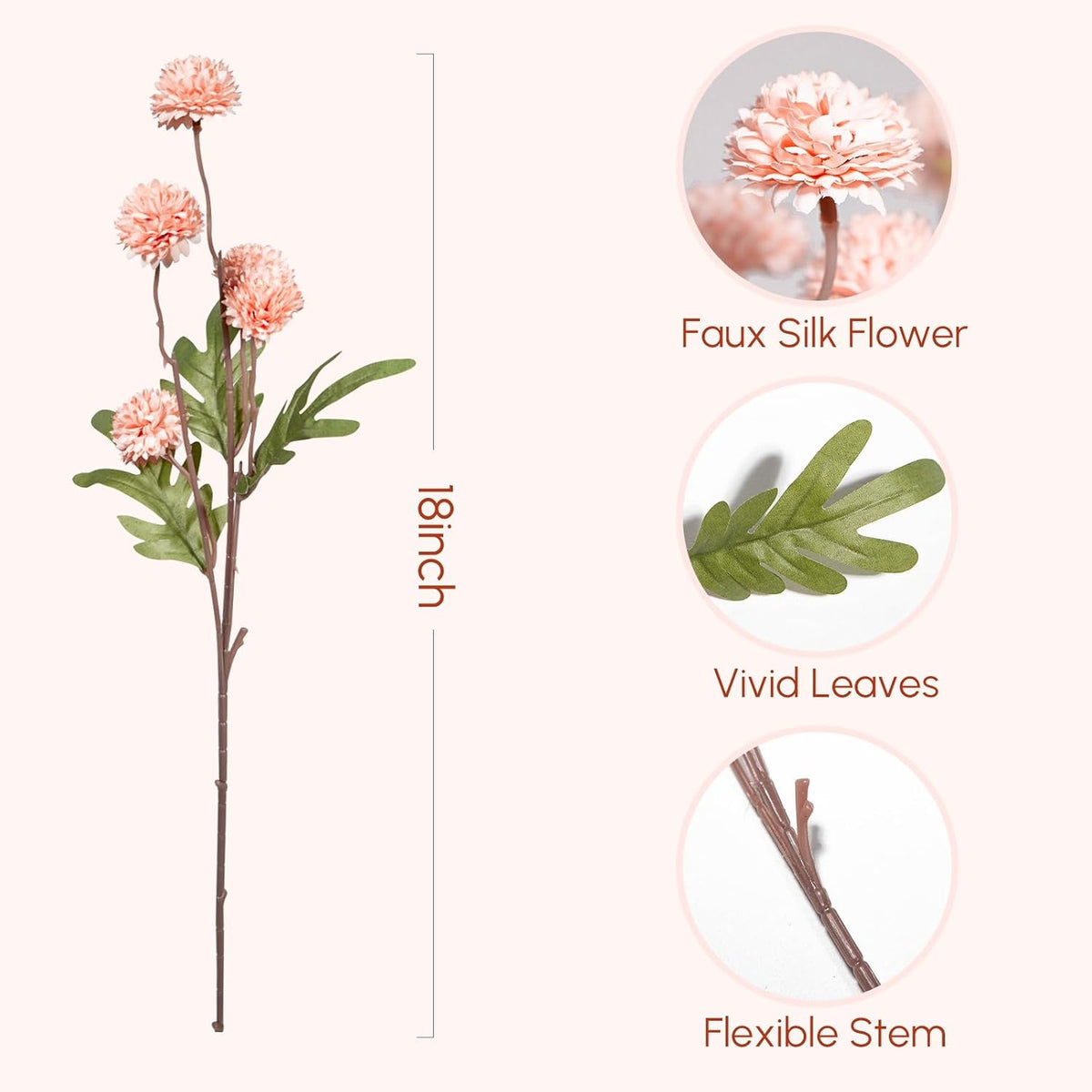 5 Pcs Artificial Pink Pompon Mums Small Flowers, 20" Faux Silk Chrysanthemum Flowers with Long Stem, Floral Arrangements for DIY Bouquet Home Wedding Table Centerpiece Decor