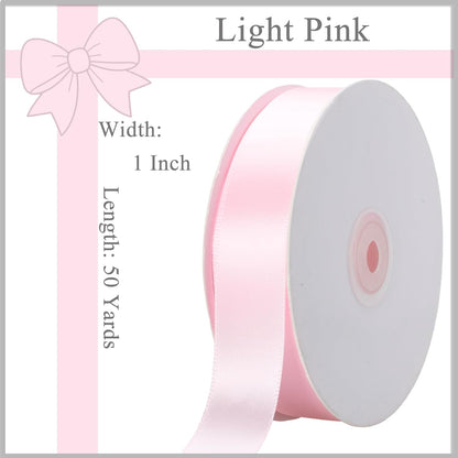 Light Pink Ribbon 1 Inch x 50 Yards, Single Face Polyester Satin Ribbon for Gift Wrapping, Handmade Roses, Christmas, Wedding, Birthday Party Decorations