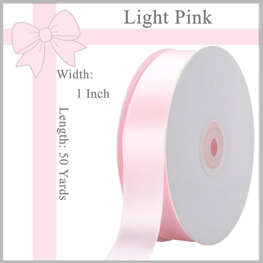 Light Pink Ribbon 1 Inch x 50 Yards, Single Face Polyester Satin Ribbon for Gift Wrapping, Handmade Roses, Christmas, Wedding, Birthday Party Decorations