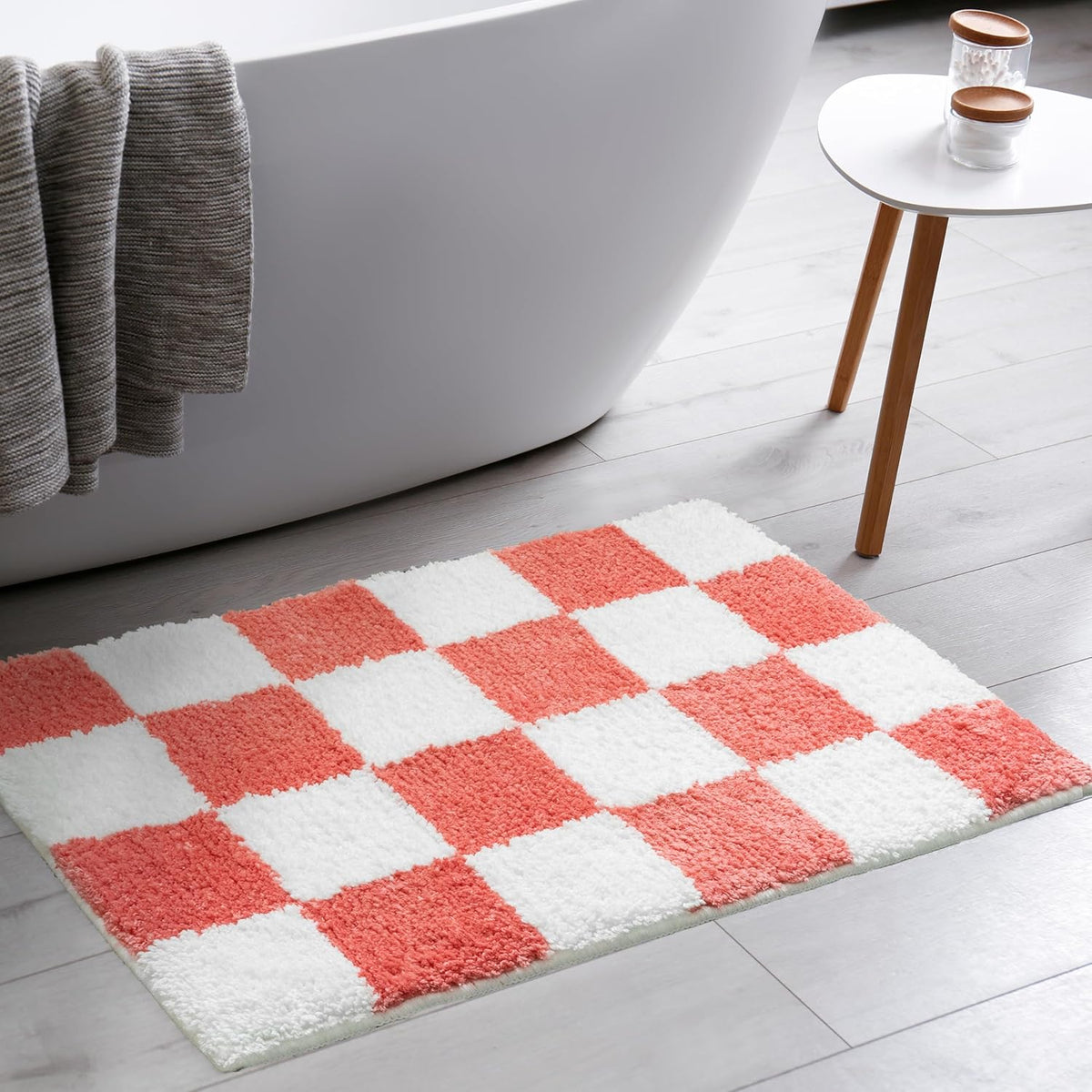 Luxury Coral White Checkered Grid Bathroom Rug, 16"x24" Classic Checkerboard Extra Soft and Absorbent Microfiber Bath Rugs, Non-Slip Plush Shaggy Bath Carpet for Bathroom Floor