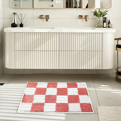 Luxury Coral White Checkered Grid Bathroom Rug, 16"x24" Classic Checkerboard Extra Soft and Absorbent Microfiber Bath Rugs, Non-Slip Plush Shaggy Bath Carpet for Bathroom Floor