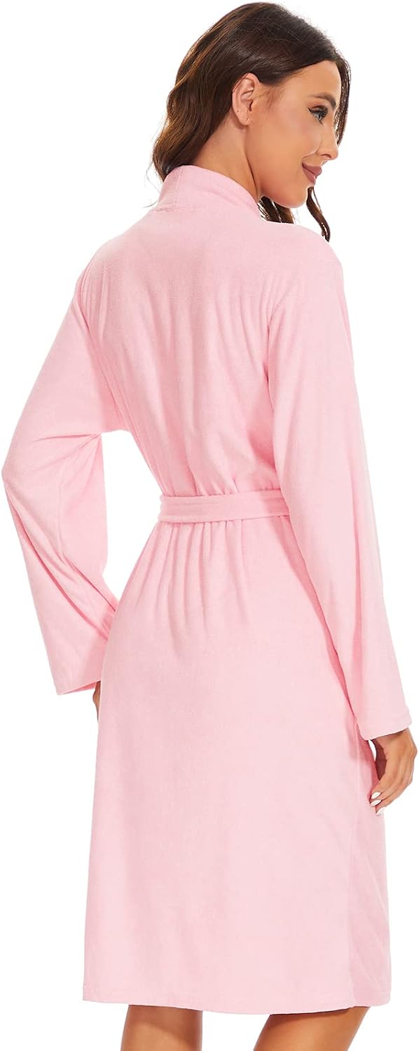 Women Bath Robes Terry Cloth Towel Robe Knee Length Bathrobe with Pockets