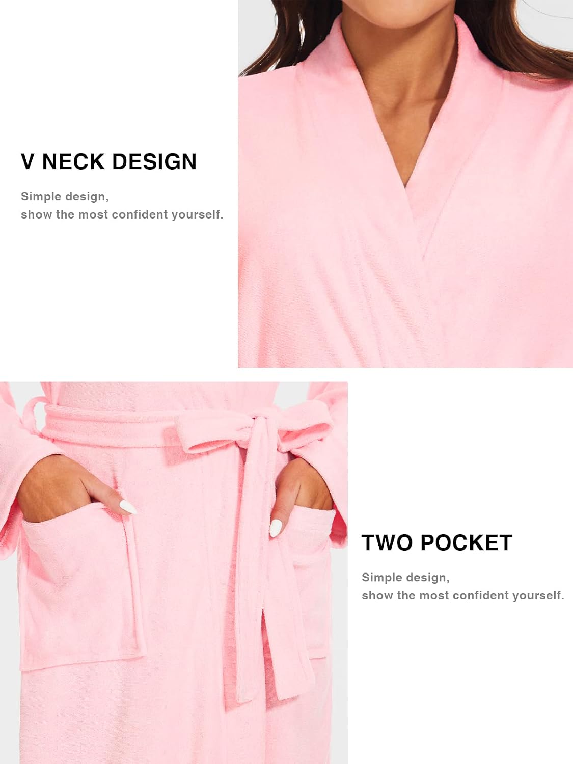 Women Bath Robes Terry Cloth Towel Robe Knee Length Bathrobe with Pockets