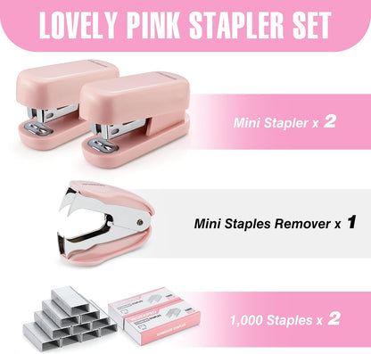 Mini Stapler with Staples, Two Pink Staplers, One Staple Remover