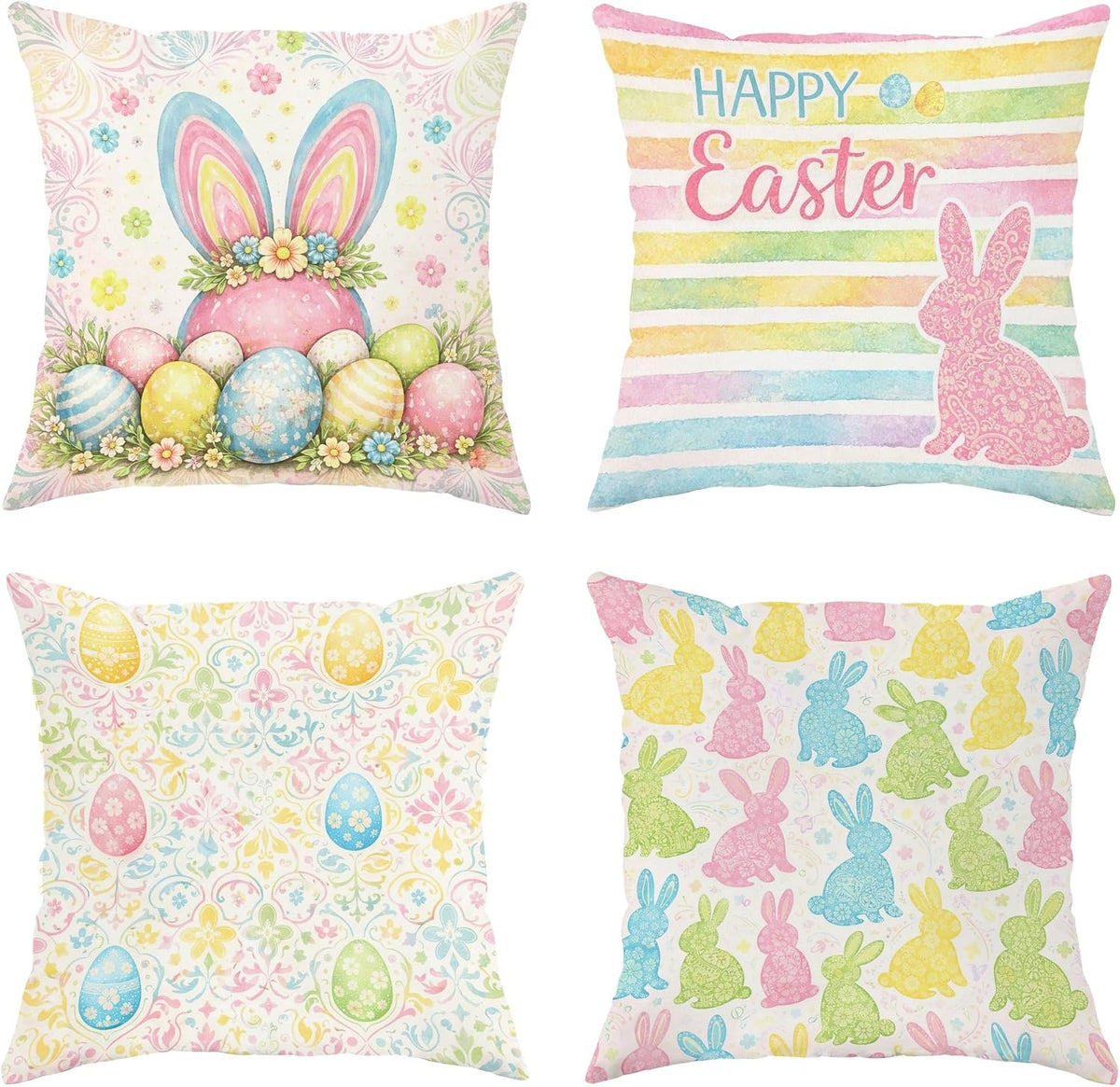 Bunny Throw Pillow Covers Set of 4, Spring Festive Easter Eggs Flowers Easter Pastel Peach Soft Velvet Washable Pattern Pillow Covers for Home Living Room Bedroom Dorm Couch Decor 16x16 Inch