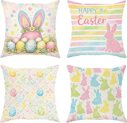 Bunny Throw Pillow Covers Set of 4, Spring Festive Easter Eggs Flowers Easter Pastel Peach Soft Velvet Washable Pattern Pillow Covers for Home Living Room Bedroom Dorm Couch Decor 16x16 Inch