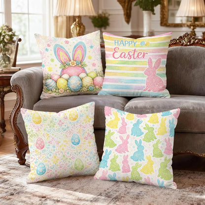 Bunny Throw Pillow Covers Set of 4, Spring Festive Easter Eggs Flowers Easter Pastel Peach Soft Velvet Washable Pattern Pillow Covers for Home Living Room Bedroom Dorm Couch Decor 16x16 Inch
