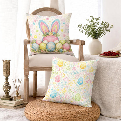 Bunny Throw Pillow Covers Set of 4, Spring Festive Easter Eggs Flowers Easter Pastel Peach Soft Velvet Washable Pattern Pillow Covers for Home Living Room Bedroom Dorm Couch Decor 16x16 Inch