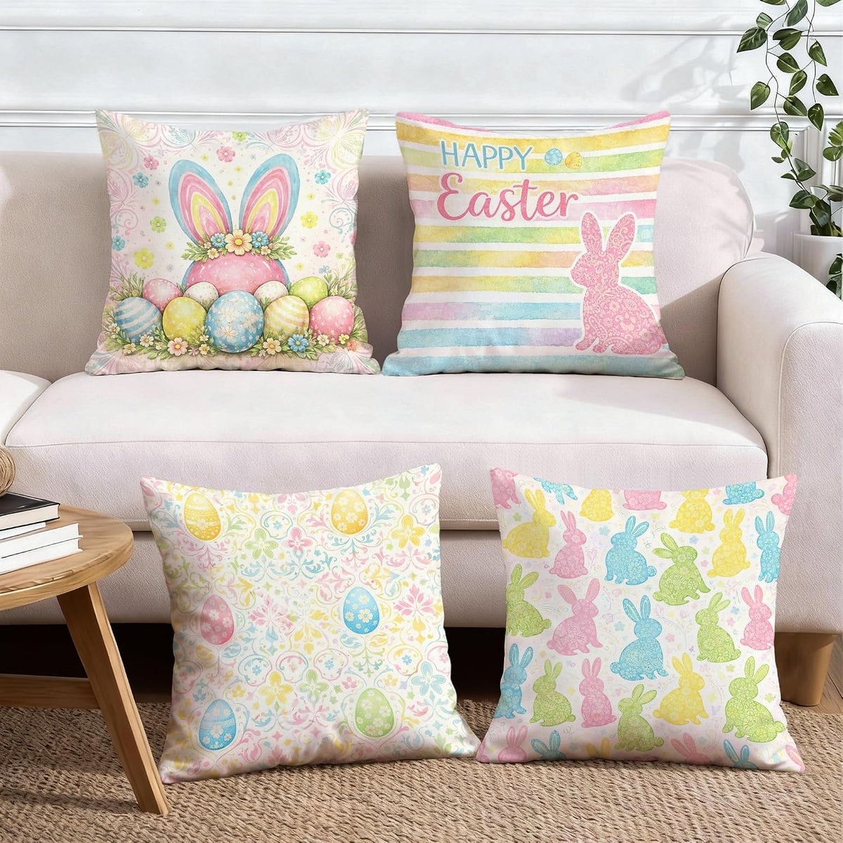 Bunny Throw Pillow Covers Set of 4, Spring Festive Easter Eggs Flowers Easter Pastel Peach Soft Velvet Washable Pattern Pillow Covers for Home Living Room Bedroom Dorm Couch Decor 16x16 Inch