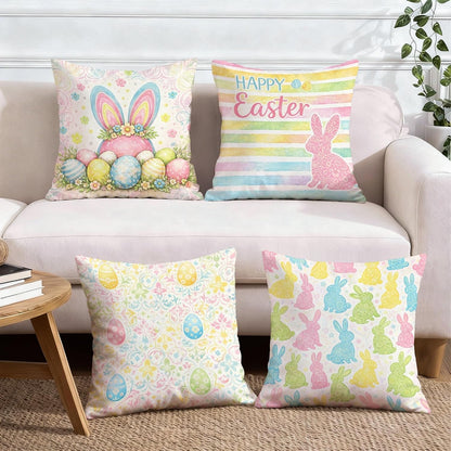 Bunny Throw Pillow Covers Set of 4, Spring Festive Easter Eggs Flowers Easter Pastel Peach Soft Velvet Washable Pattern Pillow Covers for Home Living Room Bedroom Dorm Couch Decor 16x16 Inch