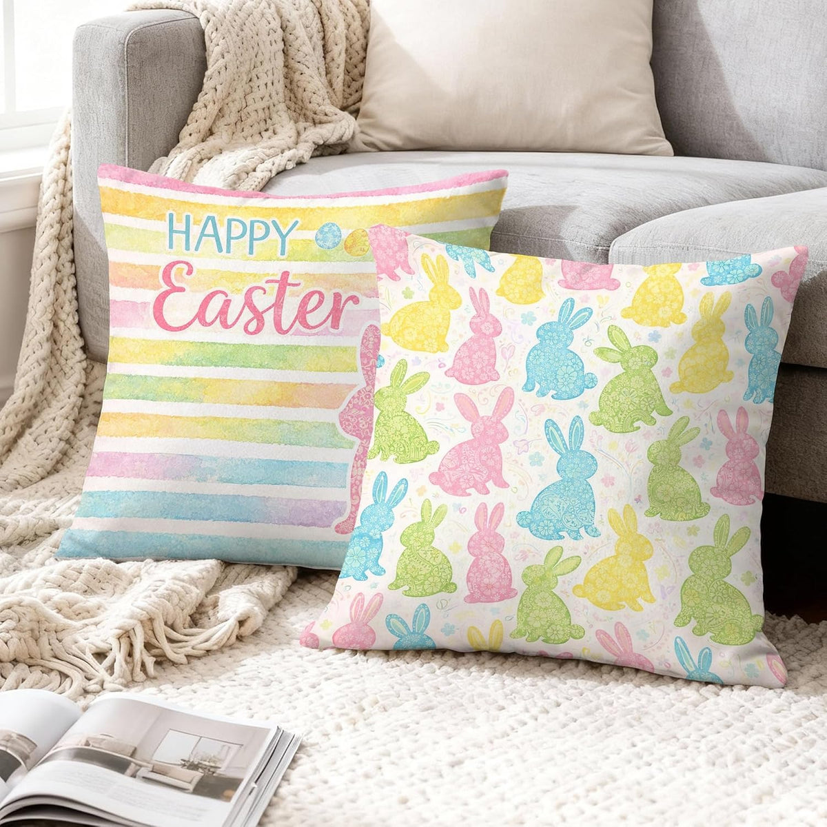 Bunny Throw Pillow Covers Set of 4, Spring Festive Easter Eggs Flowers Easter Pastel Peach Soft Velvet Washable Pattern Pillow Covers for Home Living Room Bedroom Dorm Couch Decor 16x16 Inch