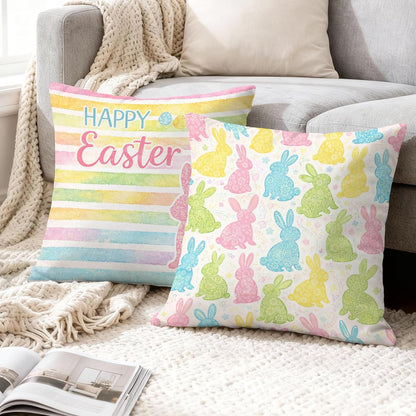 Bunny Throw Pillow Covers Set of 4, Spring Festive Easter Eggs Flowers Easter Pastel Peach Soft Velvet Washable Pattern Pillow Covers for Home Living Room Bedroom Dorm Couch Decor 16x16 Inch