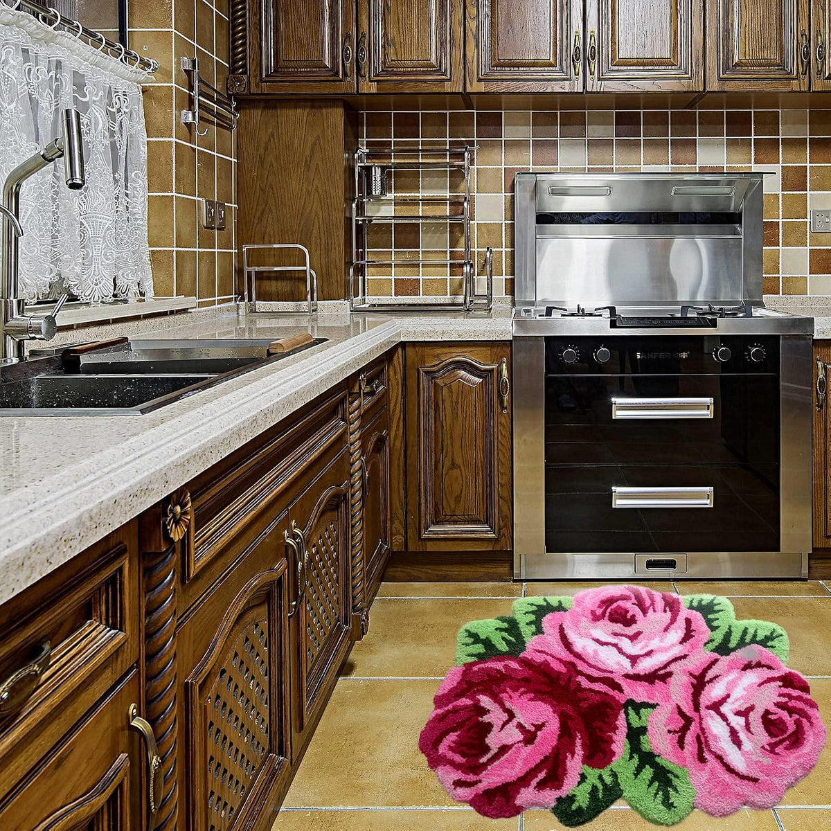 Pink Rose Flower Area Rugs 31.5x24 inch Floral Bath Rug Non-Slip, Machine Wash Dry, Bath Mats for Bathroom