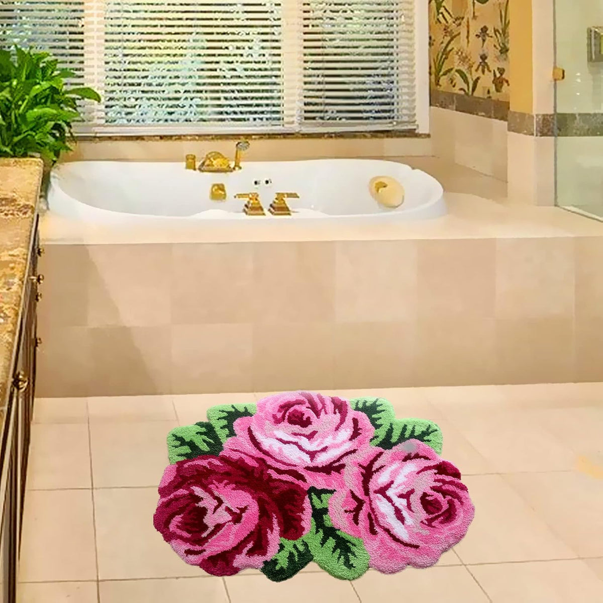 Pink Rose Flower Area Rugs 31.5x24 inch Floral Bath Rug Non-Slip, Machine Wash Dry, Bath Mats for Bathroom