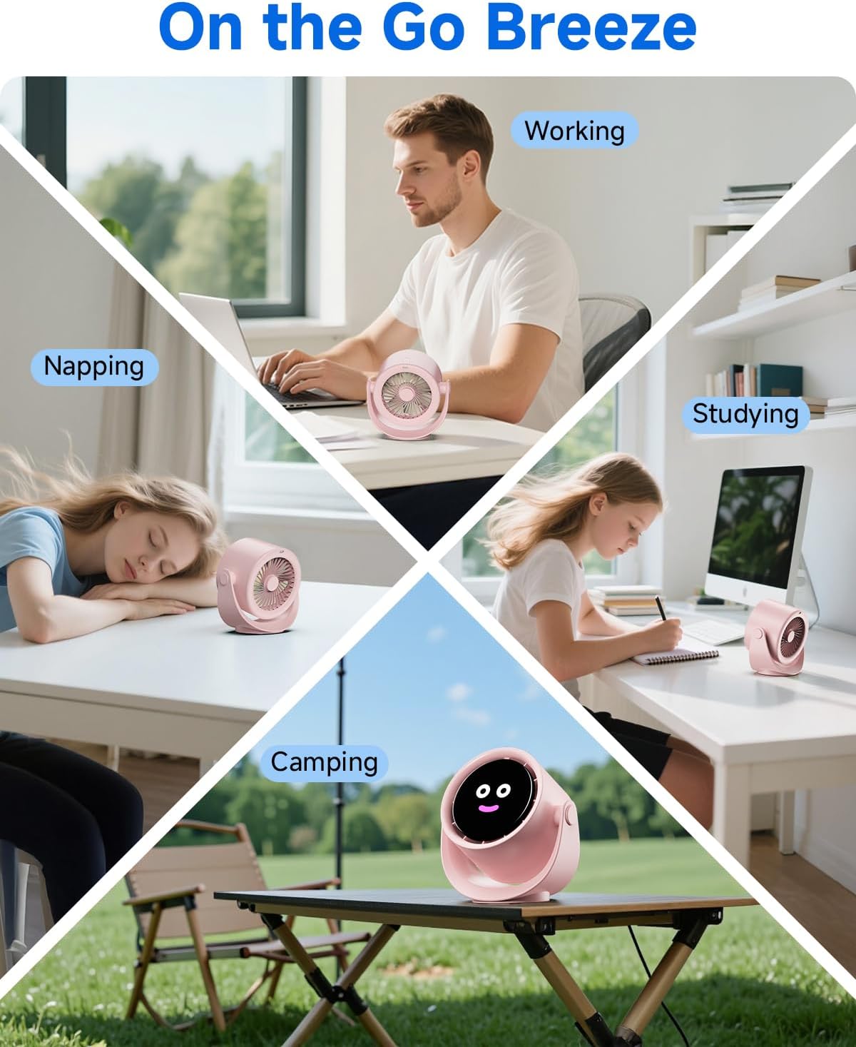 Portable Desk Fan for Bedroom, Turbo Table Fans with smile icon LED Display, 6-inch, 5-Speed Strong Airflow, Low Noise, 360° Adjustable Tilt, Suitable for Home, Office, Outdoor, Pink