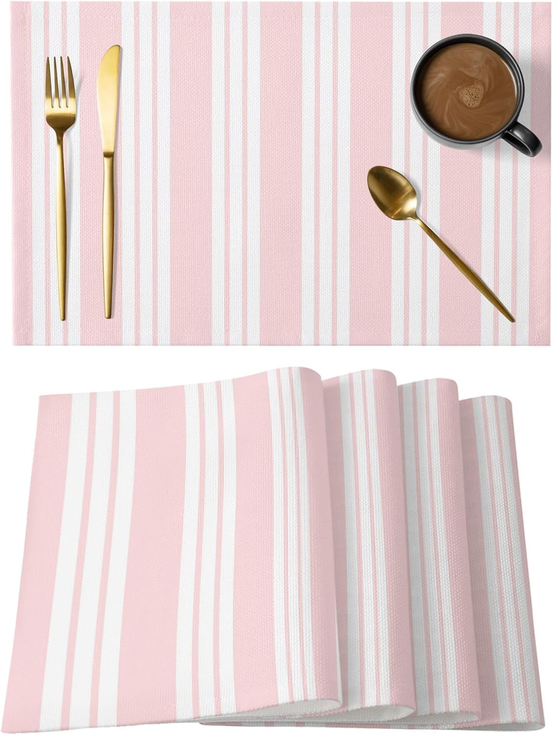 Striped Pink Placemats Set of 12, Cotton Linen Fabric Place Mats, Farmhouse Line Stripes Classic Washable Decorative Table Mats Protector for Home Kitchen Dining Wedding Party Coffee Tables