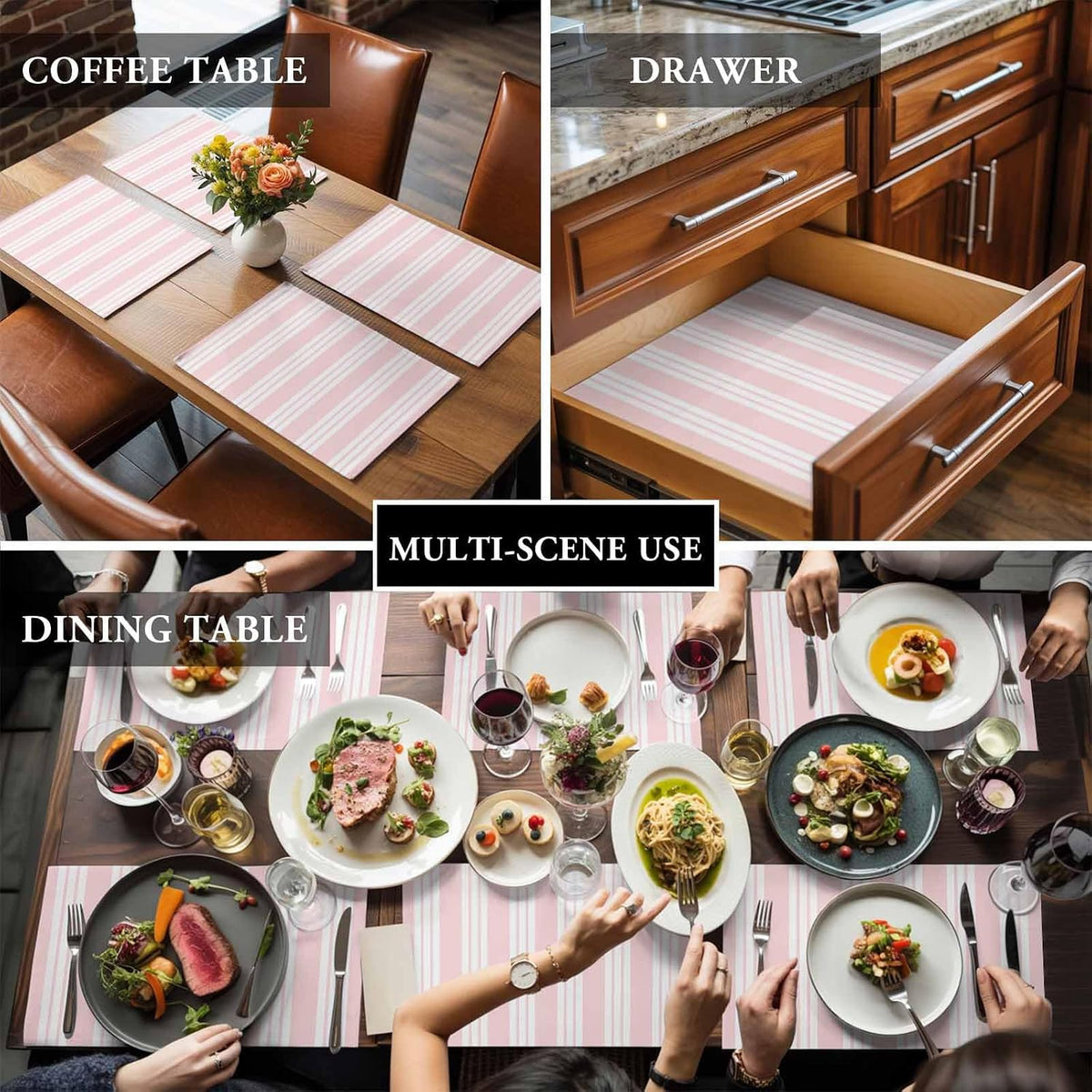 Striped Pink Placemats Set of 12, Cotton Linen Fabric Place Mats, Farmhouse Line Stripes Classic Washable Decorative Table Mats Protector for Home Kitchen Dining Wedding Party Coffee Tables