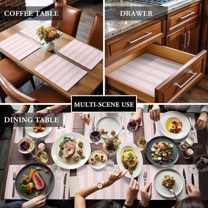 Striped Pink Placemats Set of 12, Cotton Linen Fabric Place Mats, Farmhouse Line Stripes Classic Washable Decorative Table Mats Protector for Home Kitchen Dining Wedding Party Coffee Tables