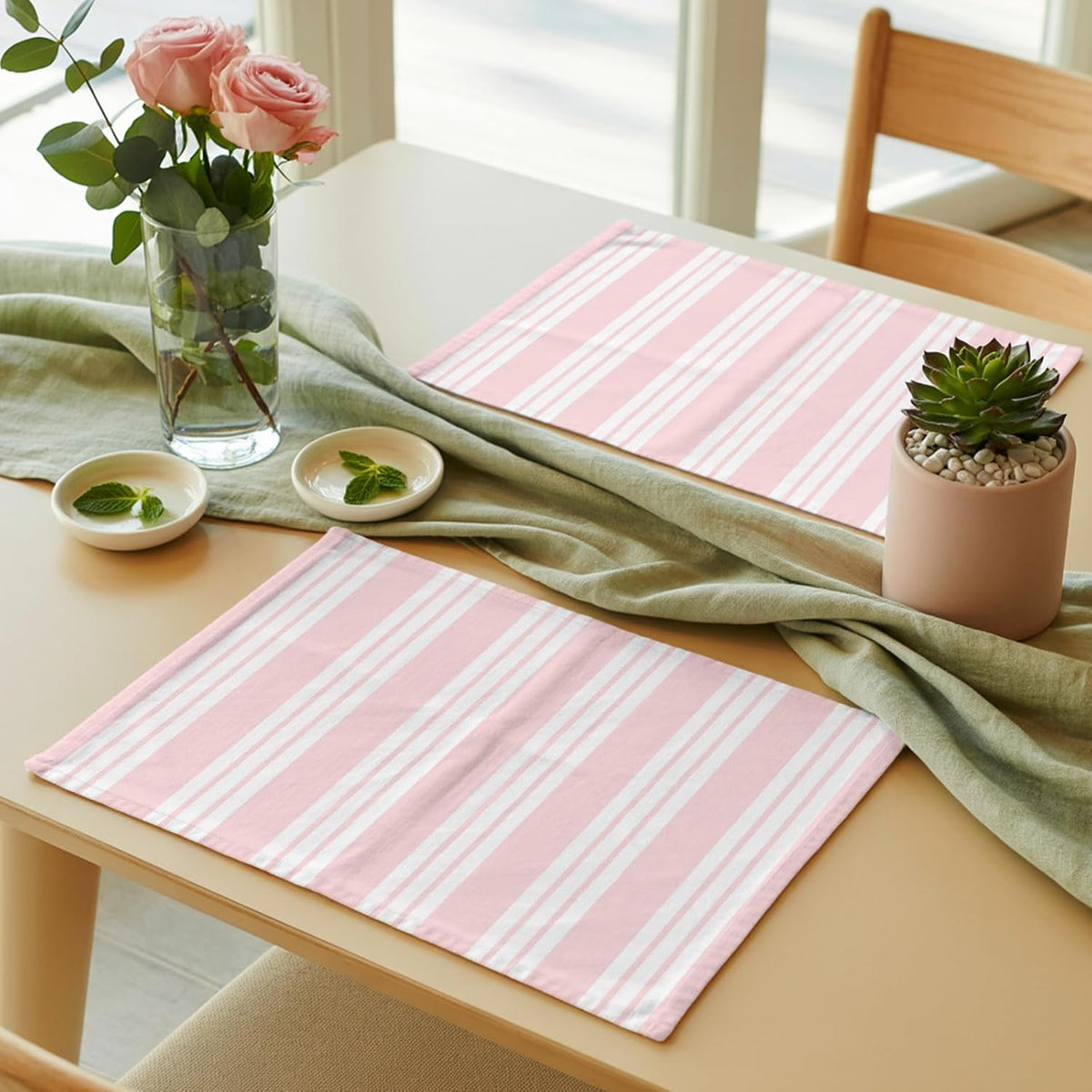Striped Pink Placemats Set of 12, Cotton Linen Fabric Place Mats, Farmhouse Line Stripes Classic Washable Decorative Table Mats Protector for Home Kitchen Dining Wedding Party Coffee Tables