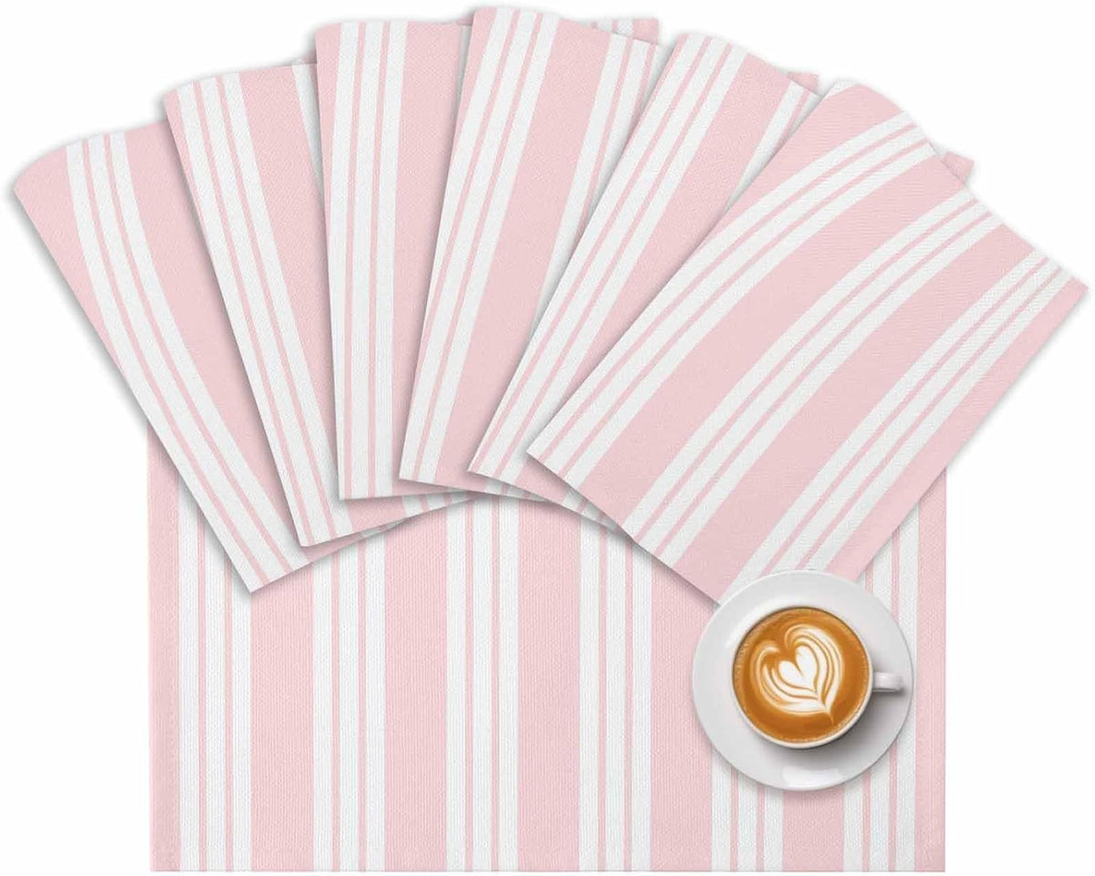 Striped Pink Placemats Set of 12, Cotton Linen Fabric Place Mats, Farmhouse Line Stripes Classic Washable Decorative Table Mats Protector for Home Kitchen Dining Wedding Party Coffee Tables