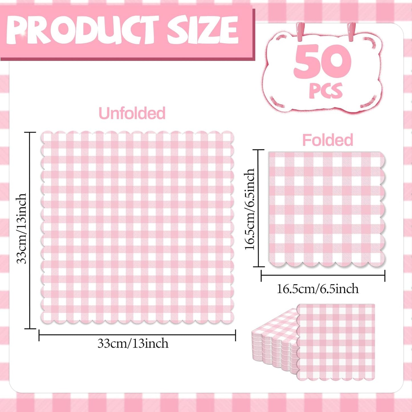 50Pcs Pink Scalloped Napkins Pink and White Checkered Decorative Party Supplies Light Plaid Checkered Dessert Napkins for Girls Women Wedding Birthday Baby Shower Summer Picnic Party