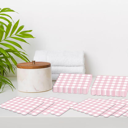 50Pcs Pink Scalloped Napkins Pink and White Checkered Decorative Party Supplies Light Plaid Checkered Dessert Napkins for Girls Women Wedding Birthday Baby Shower Summer Picnic Party