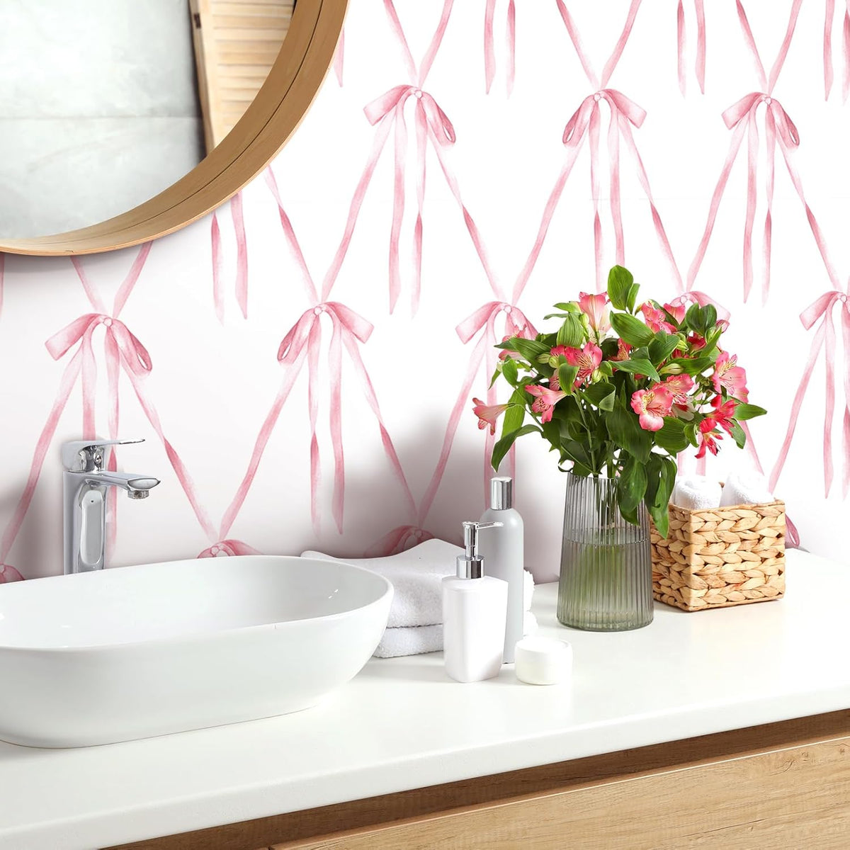 Bow Wallpaper Peel and Stick Pink Bows Preppy Coquette Wallpaper Renter Friendly Bedroom Girls Room Wall Cover Self Adhesive Contact Paper for Cabinets and Drawers 17.5x78.8 Cute Aesthetic