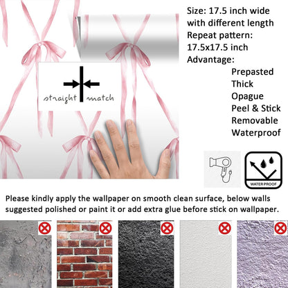 Bow Wallpaper Peel and Stick Pink Bows Preppy Coquette Wallpaper Renter Friendly Bedroom Girls Room Wall Cover Self Adhesive Contact Paper for Cabinets and Drawers 17.5x78.8 Cute Aesthetic