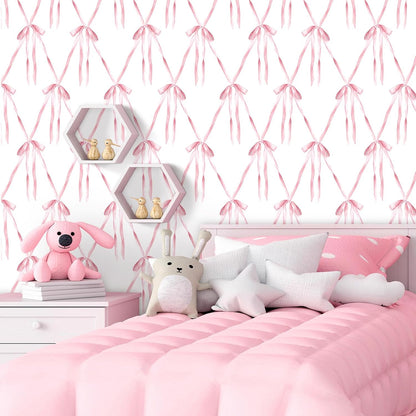 Bow Wallpaper Peel and Stick Pink Bows Preppy Coquette Wallpaper Renter Friendly Bedroom Girls Room Wall Cover Self Adhesive Contact Paper for Cabinets and Drawers 17.5x78.8 Cute Aesthetic