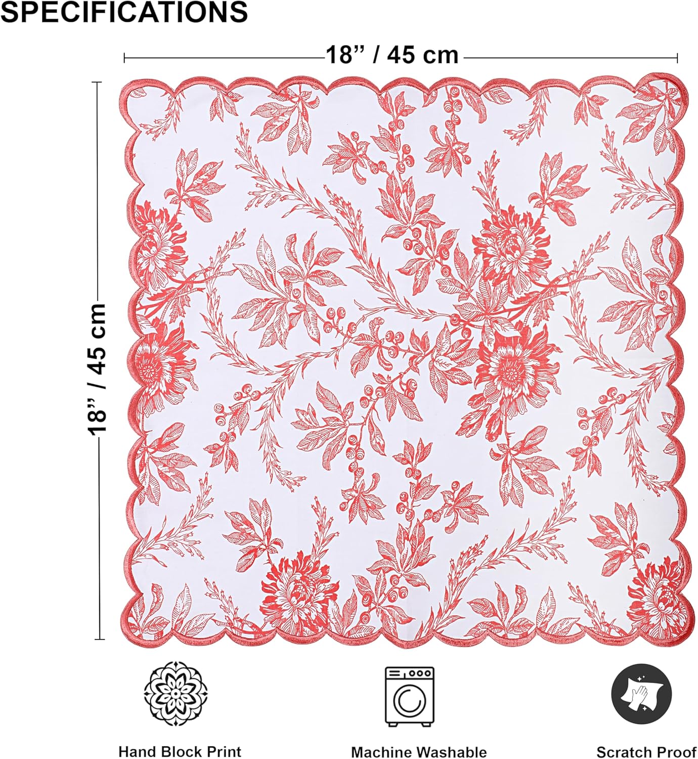 Ridhi Hand Block Print Peach Coral 18" x 18" (Set of 4) Embroidery Table Napkins Reusable Cotton Dinner Napkins for Weddings, Parties, Everyday Dining Gift for Spring, Easter, Valentine