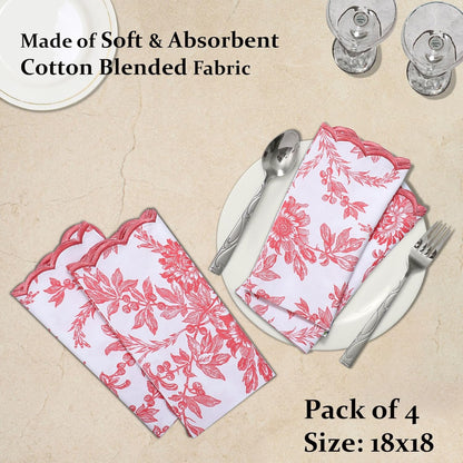Ridhi Hand Block Print Peach Coral 18" x 18" (Set of 4) Embroidery Table Napkins Reusable Cotton Dinner Napkins for Weddings, Parties, Everyday Dining Gift for Spring, Easter, Valentine